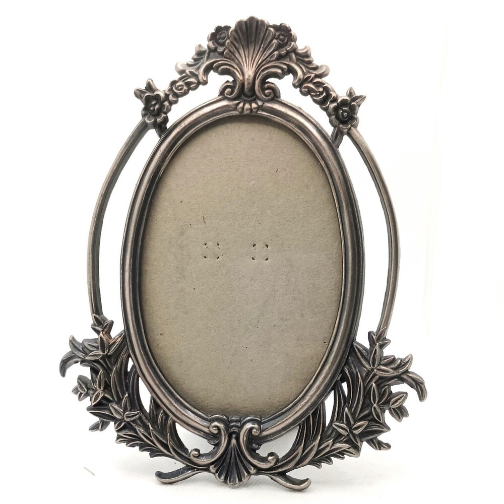 Vintage French Ornate Silver Tone Metal Easel Frame Floral Filigree *See Descr